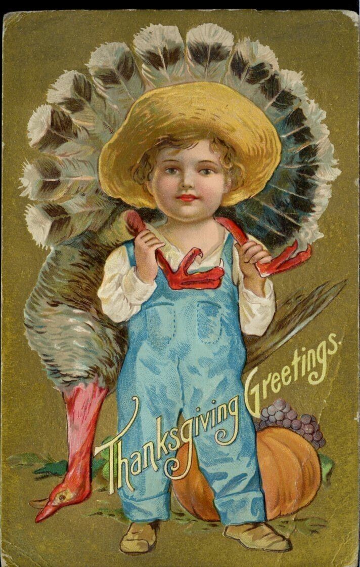Postcard Antique Thanksgiving Cute Farm Boy Straw Hat Turkey Embossed Gold 1908