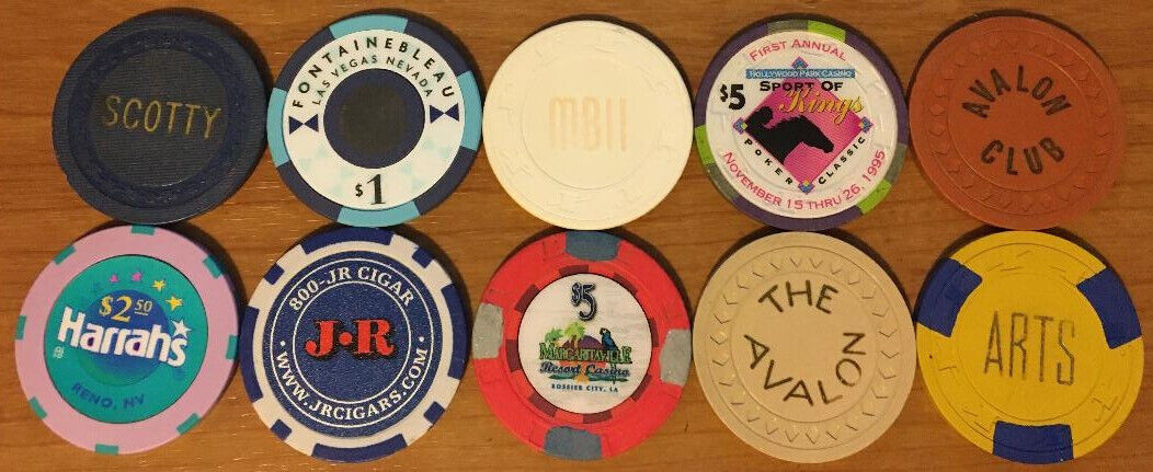 10 DIFFERENT CASINO CHIPS FROM CASINOS AROUND THE USA-VARIOUS DENOMINATIONS