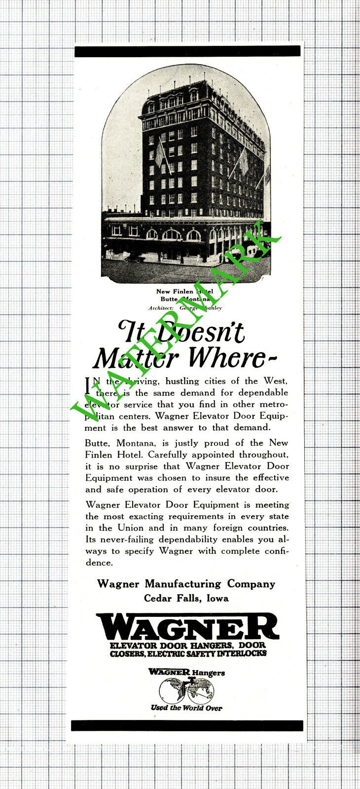 Wagner Manufacturing Iowa New Finlen Hotel Butte Montana Advert - 1925 Cutting