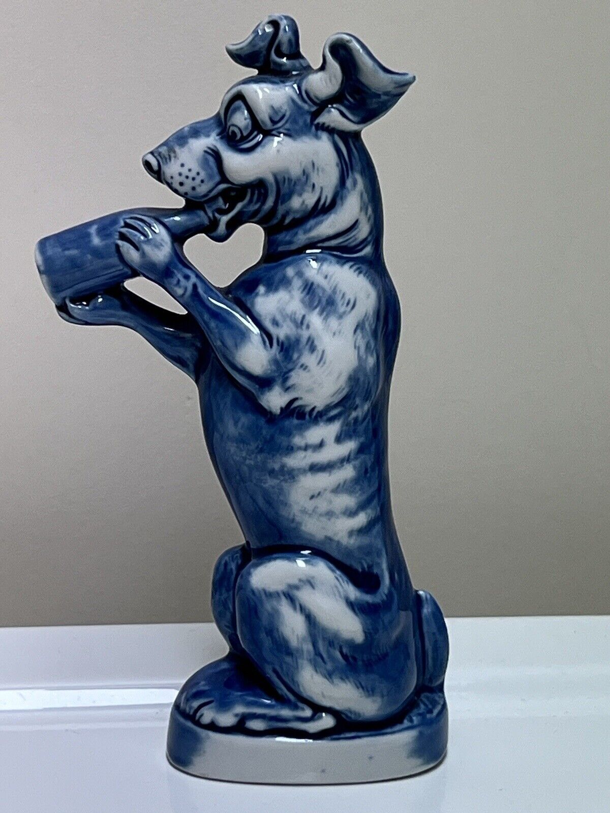 VINTAGE SCHAFER & VATER BLUE PORCELAIN FIGURAL LIQUOR FLASK DOG DRINKING BOTTLE