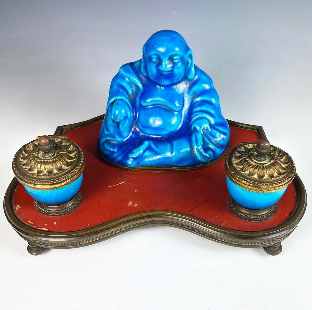 Mid-late 19th c. Old Paris Porcelain Chinoiserie Buddha Double Inkwell Pen Tray