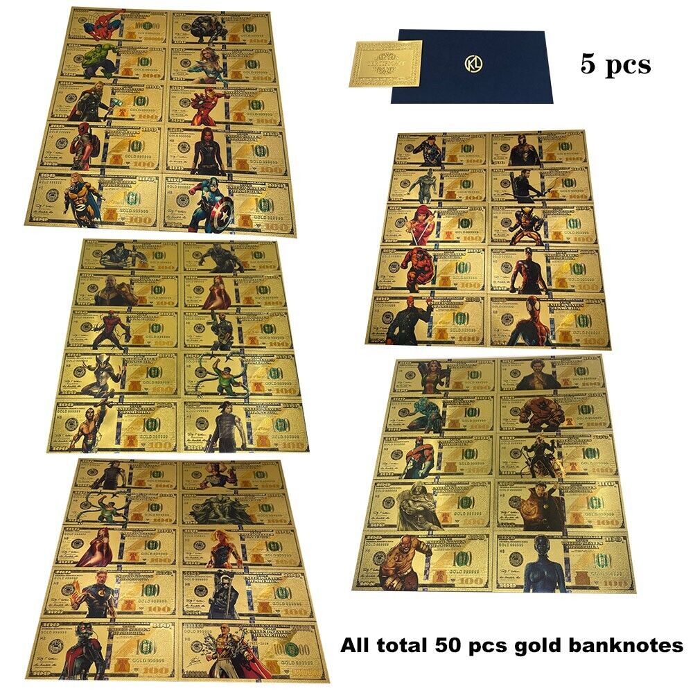 50pcs/lot Movie Hero Star Collection Cards Gold Foil Banknote $100 NOTE For Kids