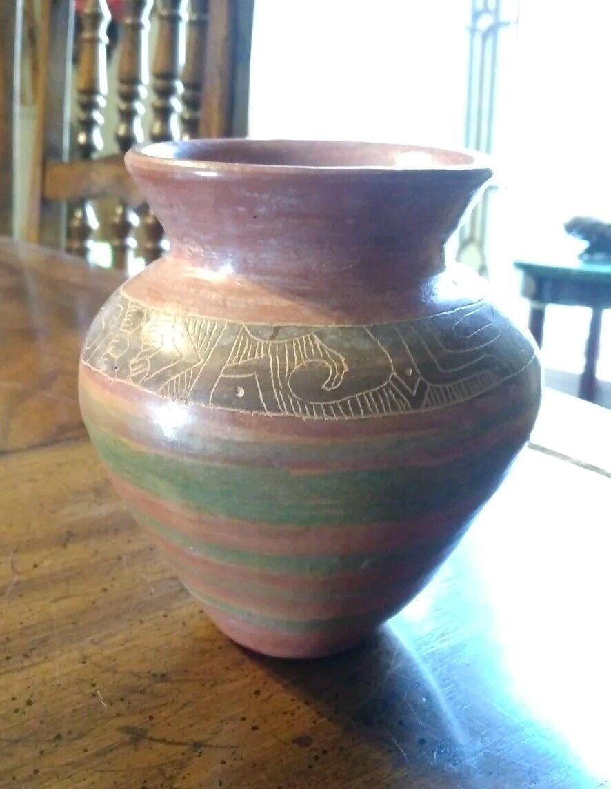Southwestern Native American Red Clay Pottery Vase Hand Made Etched Multicolored