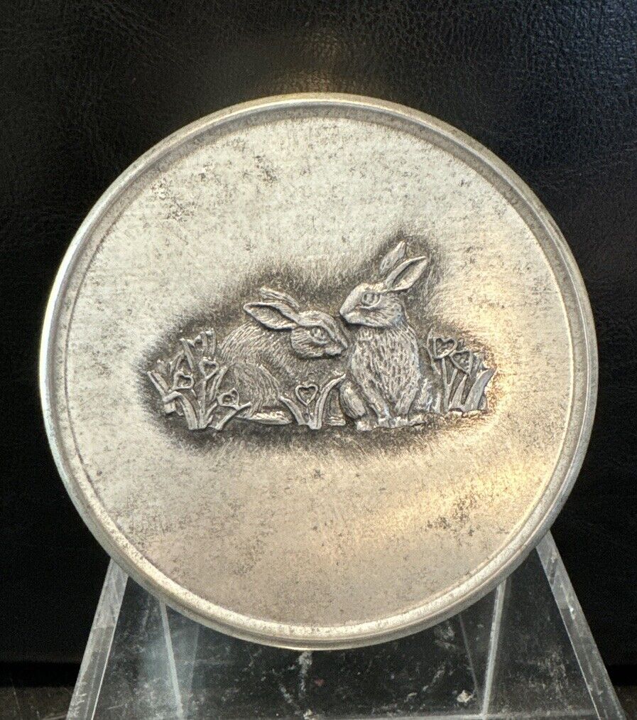 Vintage Looking Metal Tin Trinket Box Raised Etched Bunny Rabbits 4” Silver