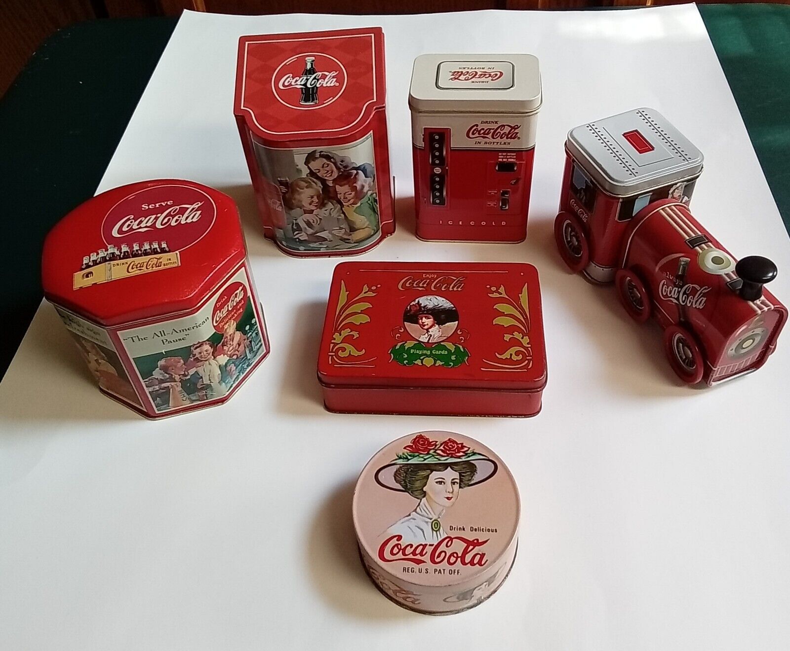 VTG Assorted Coca Cola tins - Train, Pop Machine, Octagon - Lot of 6