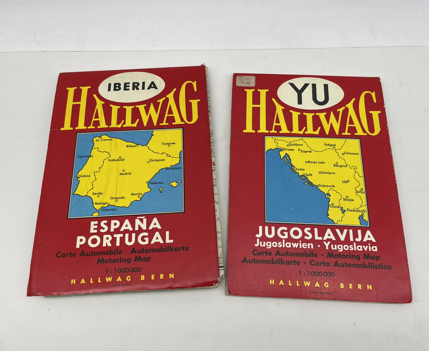 2 Vintage World Travel Hallwag Maps - Spain Portugal & Jugoslavia Printed 1966
