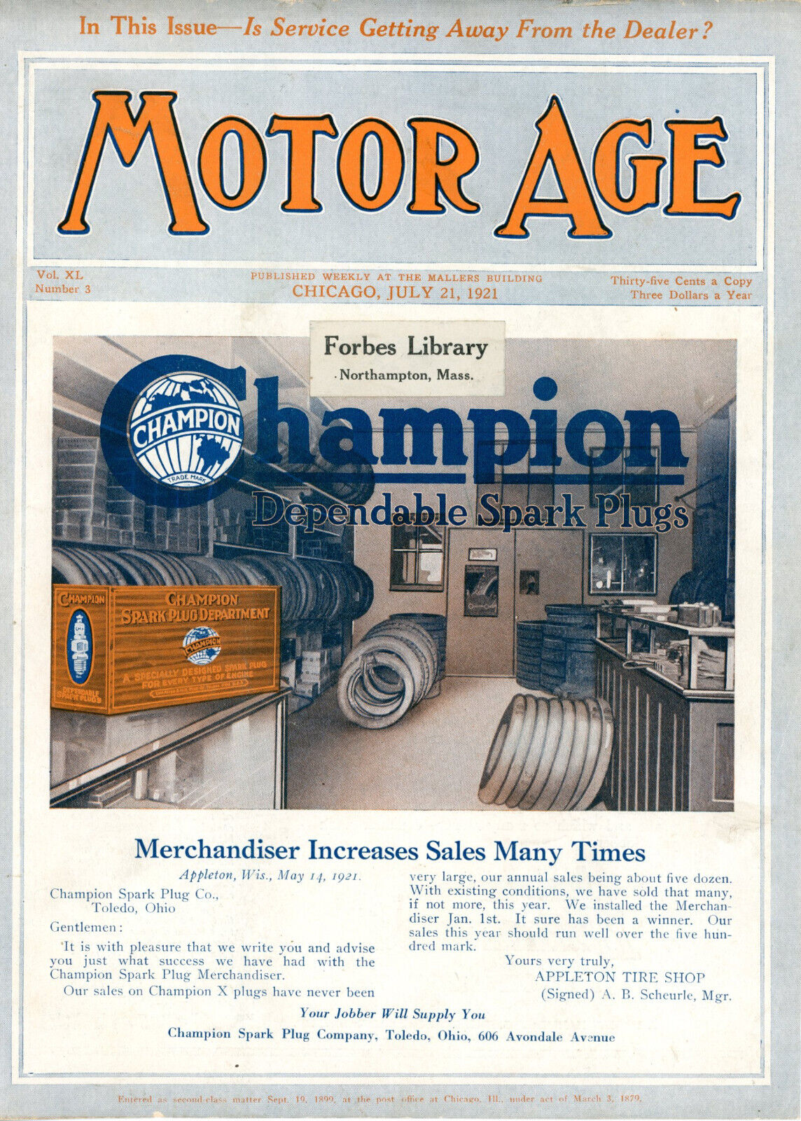 1921 Original Champion Spark Plugs Color Cover Ad. Counter Display Incr Sales
