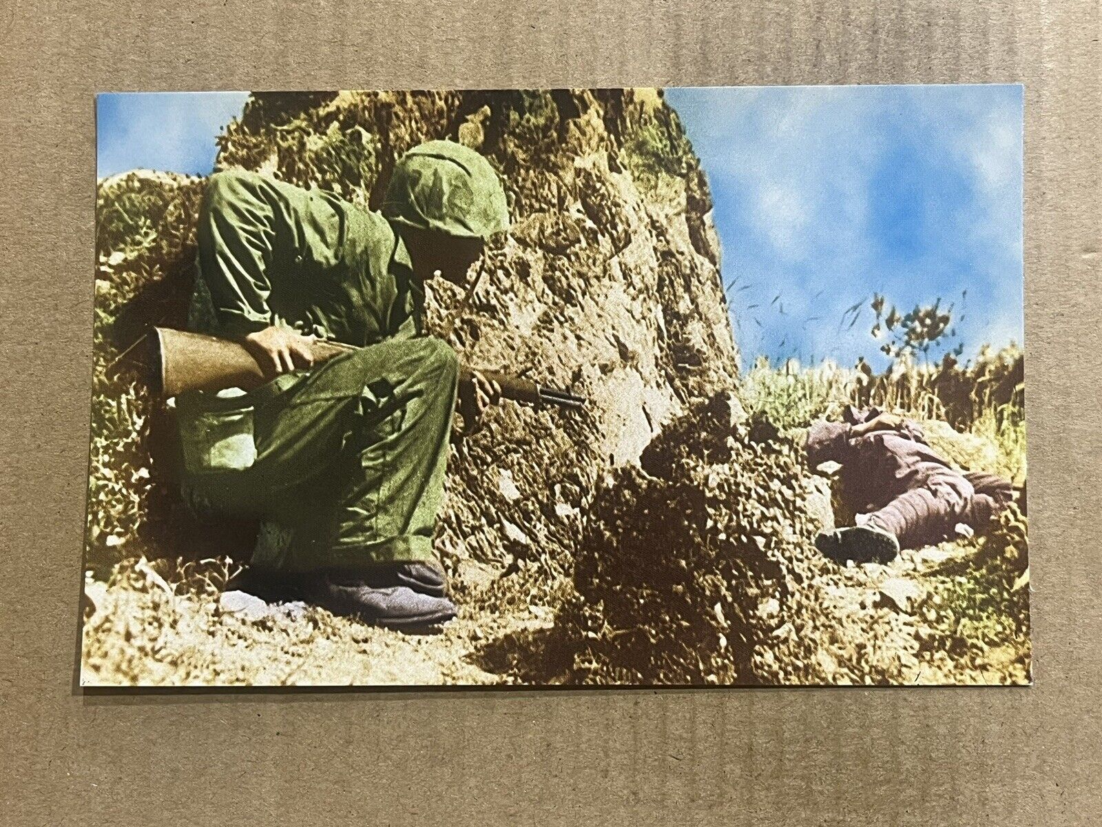 Postcard Military WWII Battle Army Soldier Sniper Hunting Okinawa Japan