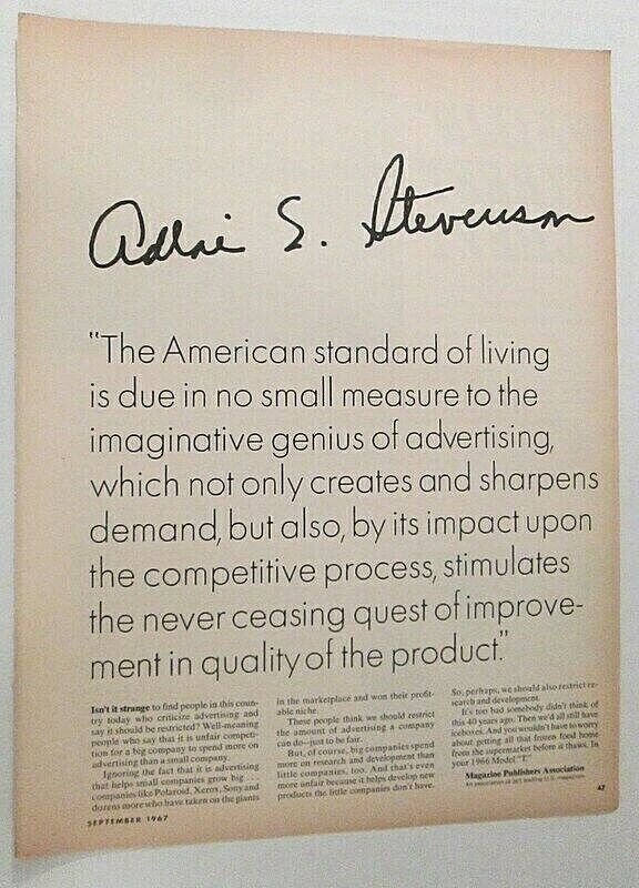 Vtg 1967 Print Ad Adlai Stevenson Quote American Exceptionalism Fairness 