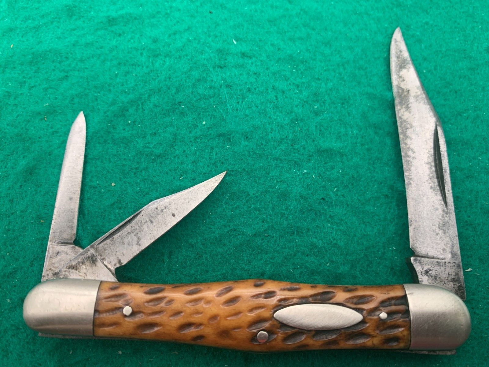 💯1878-1932 NEW YORK KNIFE Co. SCARACE 3 blade SPLITBACK Peachseed bone