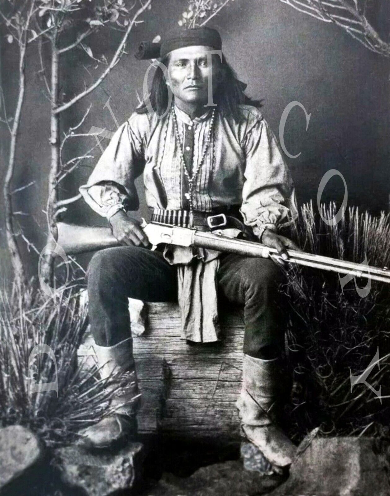 ANTIQUE 8X10 REPRO PHOTO PRINT APACHE AMERICAN INDIAN WITH WINCHESTER 1876 RIFLE