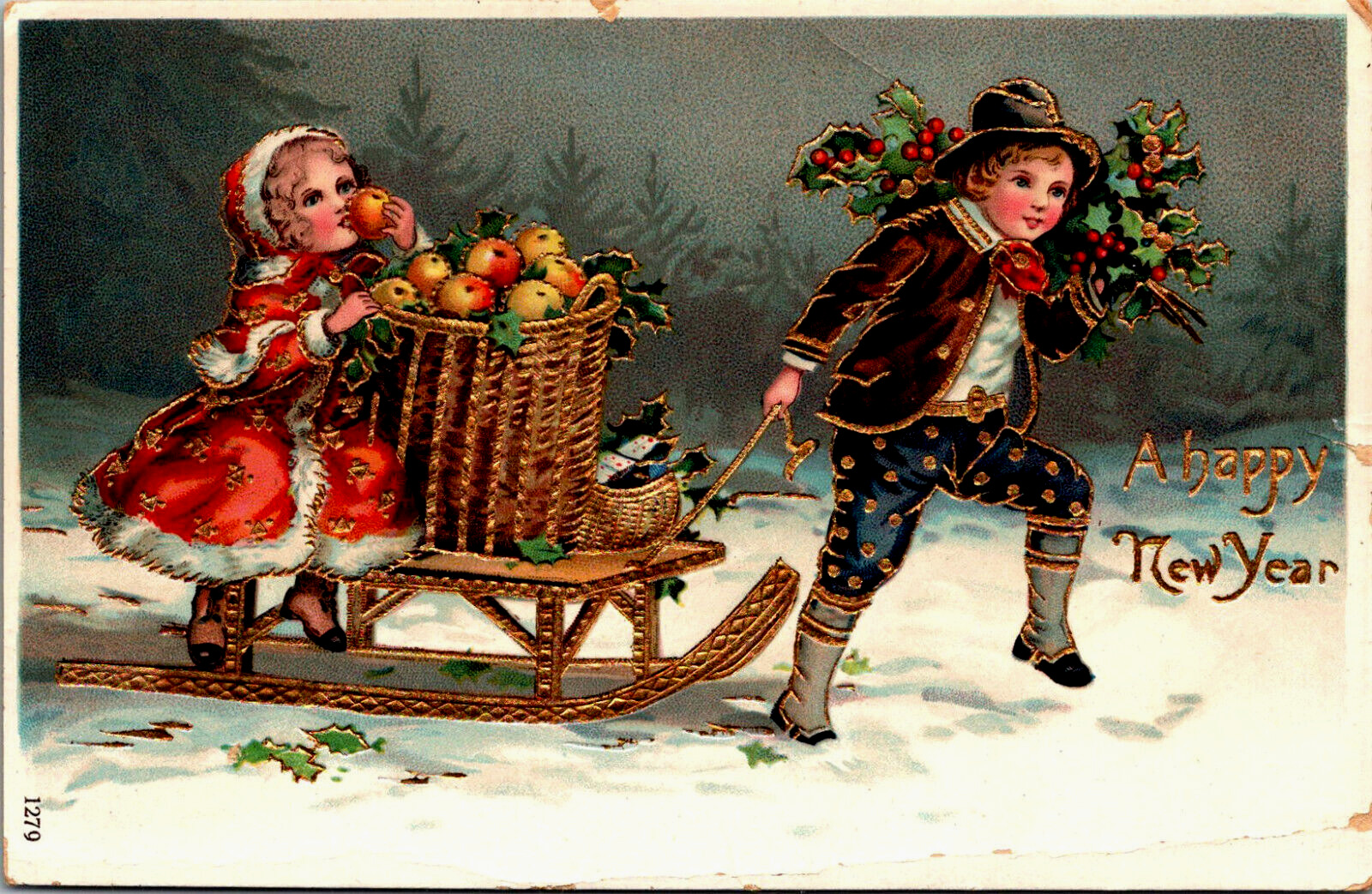 Antique Victorian Happy New Year Postcard 1279 Apples Children Sled Holly German