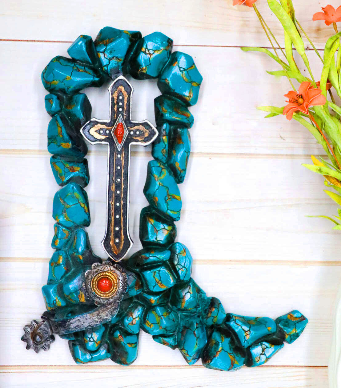 Southwestern Turquoise Rocks Cowboy Boot With Spur And Vintage Cross Wall Decor