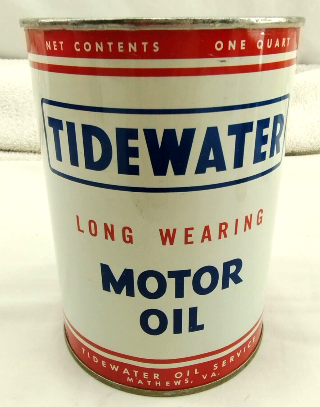 Vintage TIDEWATER Long Wearing Motor Oil 1 Quart Advertising Can