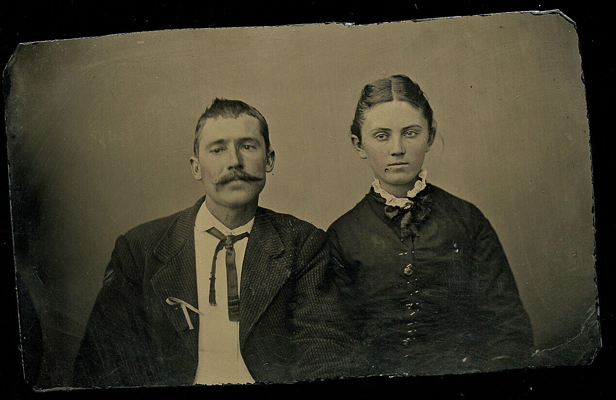 handsome 1860s tennessee mustache man & Young wife w injury on face 1800s photo