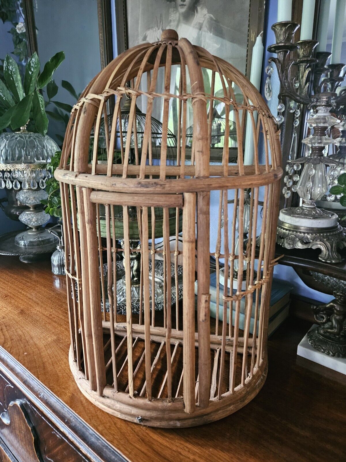 Large Vintage Bamboo Rattan & Wicker Bird Cage Wall Or Ceiling
