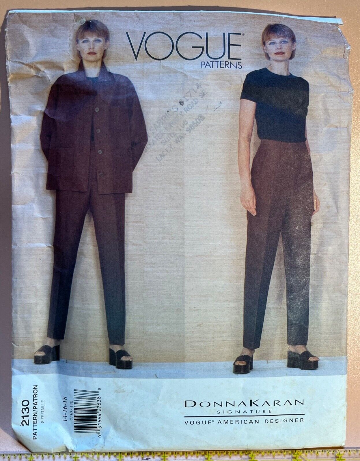 VTG Vogue American Designer Pattern #2130 DONNA KARAN Jacket Pants Top 14-16-18