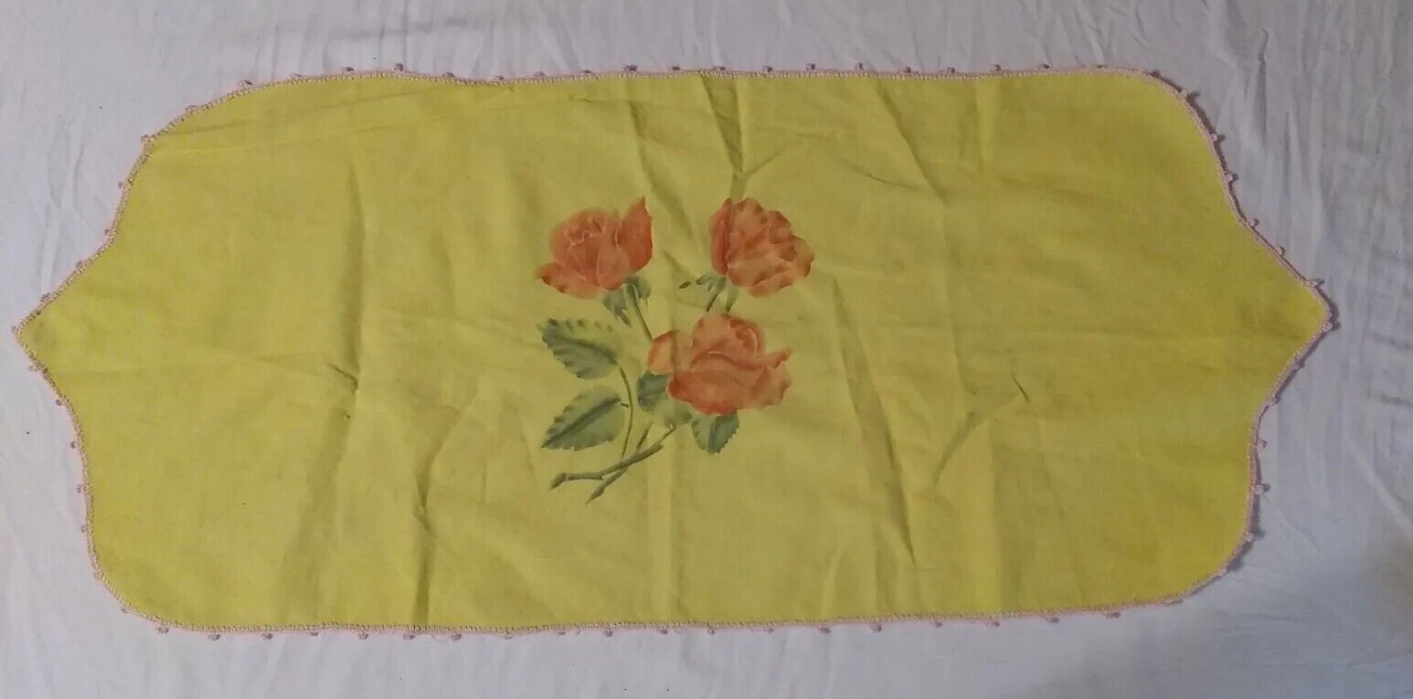 Dresser Scarf Runner Vintage Yellow Hand Embroidery Print Floral Rose Dainty