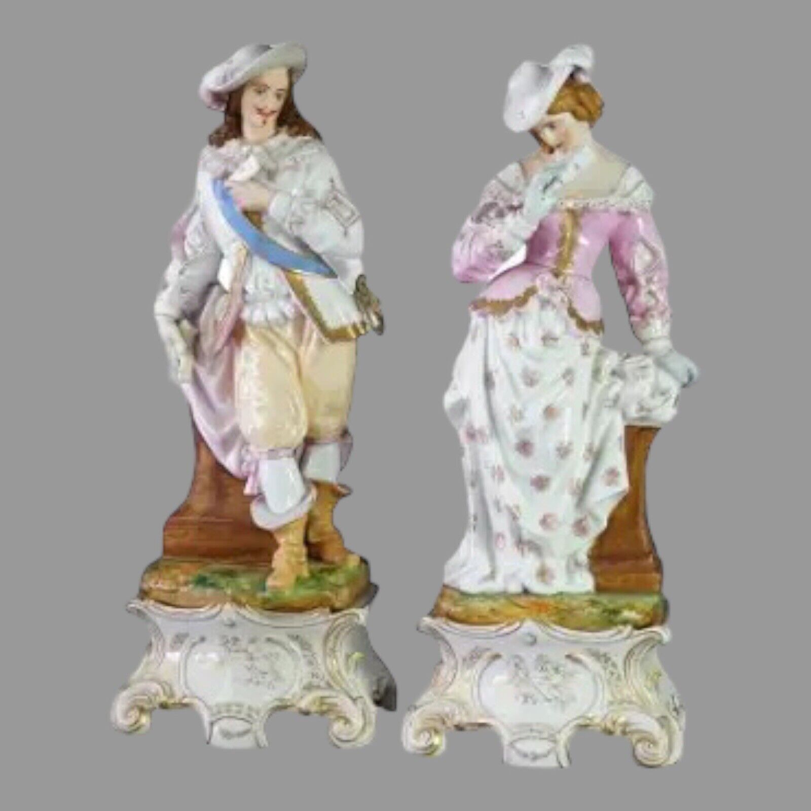 Antique Pair of French Porcelain Figural Statues & Plinths by G. R. Brevet c1880