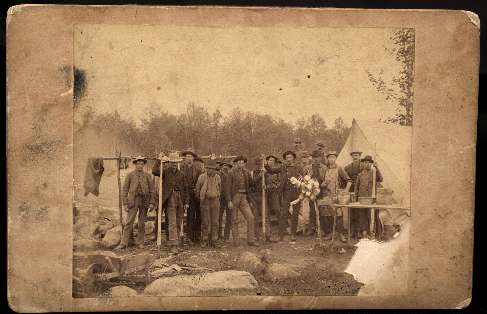 Large group of Laborers at Work camp Food Tent - Antique Cabinet card photograph