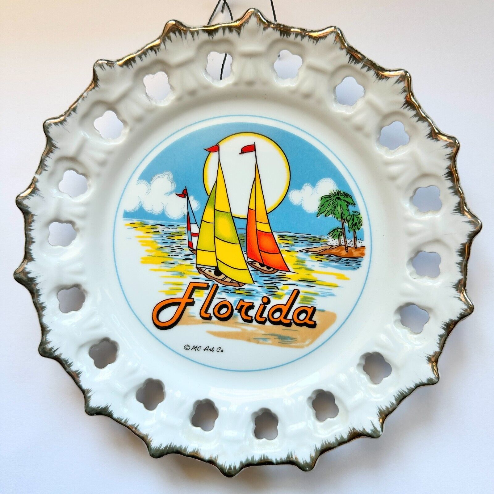 Florida Vintage Decorative Souvenir Plate MC Art Co Sailboats Sun Beach Palm