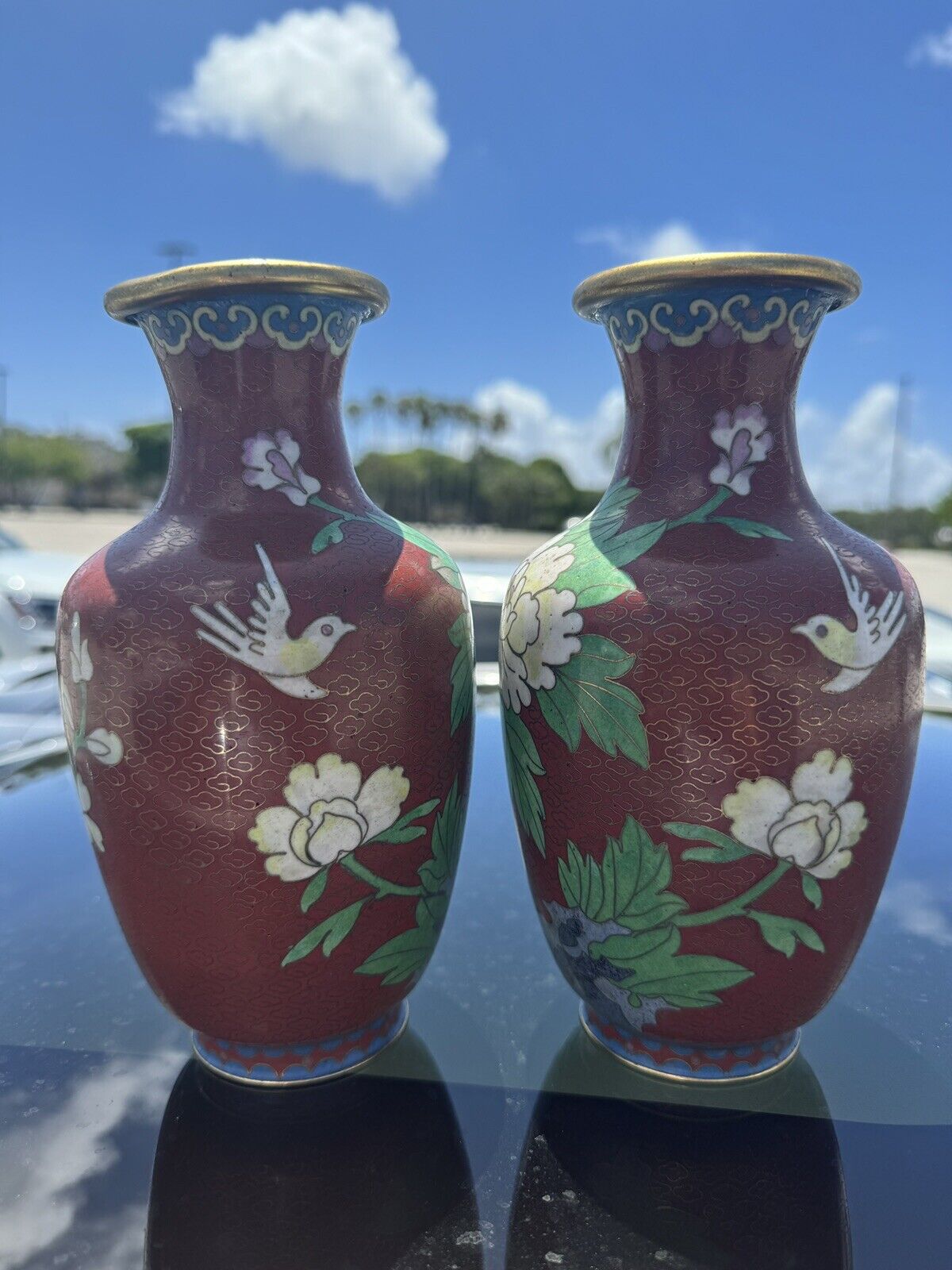 11940 Cloisonné Oriental Vases Pair. Original Antique Chinese Brush Hand painted