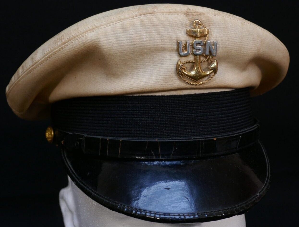 WW2 USN Navy CPO Service Visor Hat CCM Chief Carpenters Mate WA BLAIS Size 6 3/4