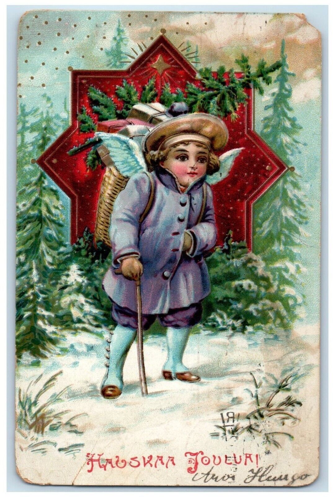 c1910\'s Christmas Angel Gifts In Basket Pine Trees Winter Latvia Russia Postcard