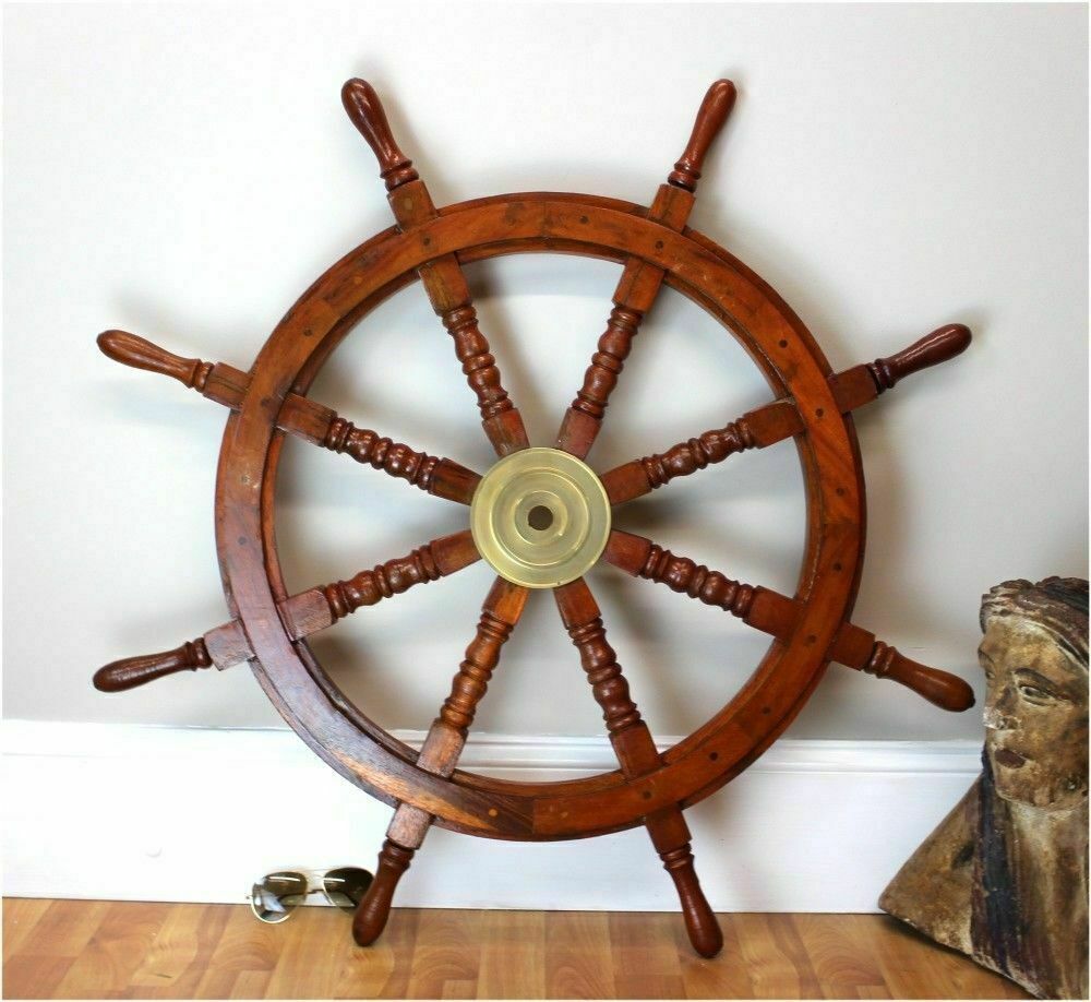 36 Inch Big Ship Steering Wheel Wooden Antique Brass Nautical Pirate Ship\'s Gift