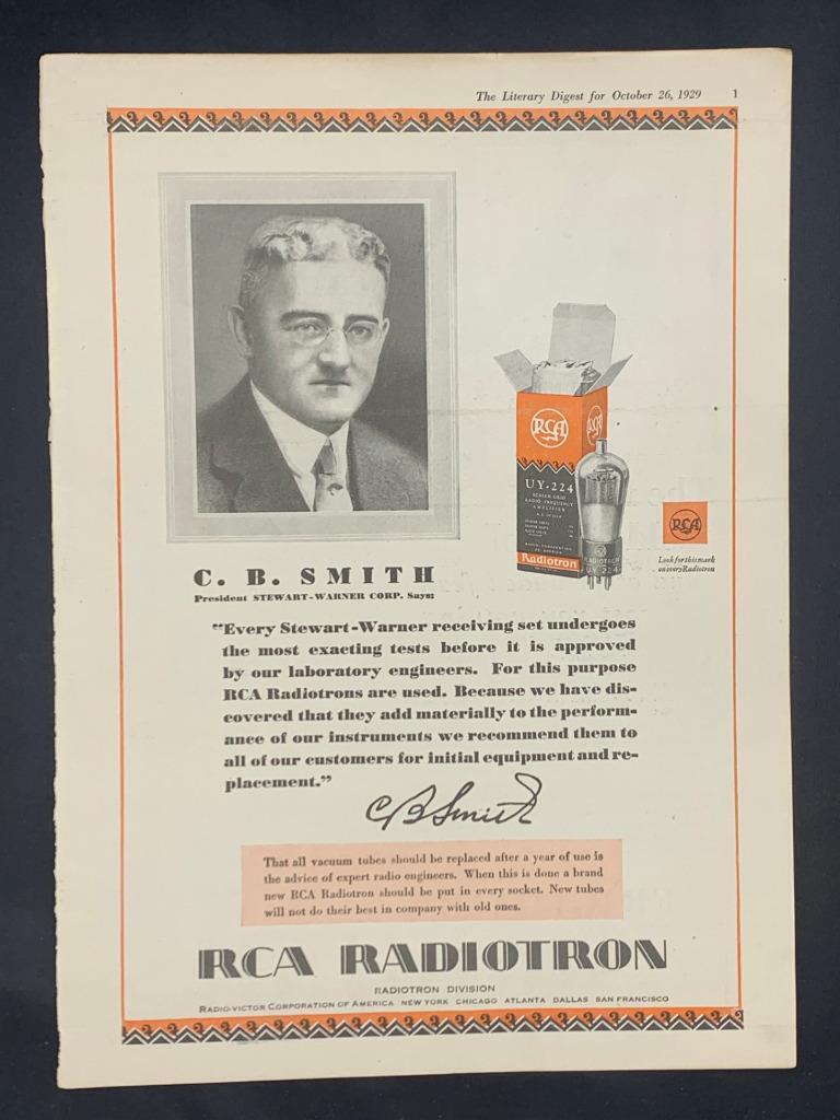 Magazine Ad - 1929 - RCA Radiotron Tubes - C. B. Smith - Stewart Warner