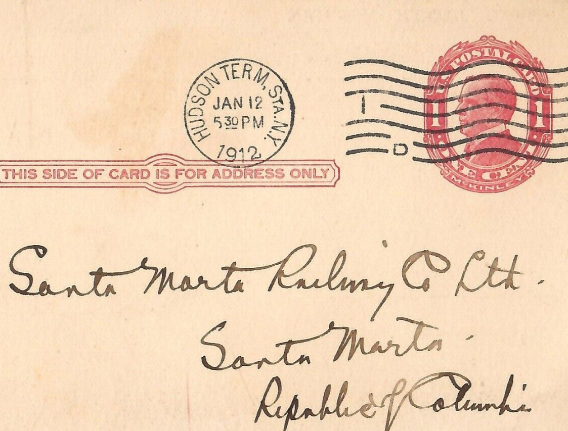 Vintage 1912 US Postal Card National Bank New York Santa Marta Railway Columbia