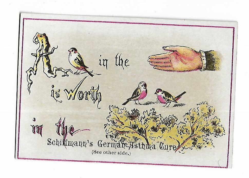 Quack Medicine Trade Card Schiffmann\'s German Asthma Cure REBUS Bird Hand Bush