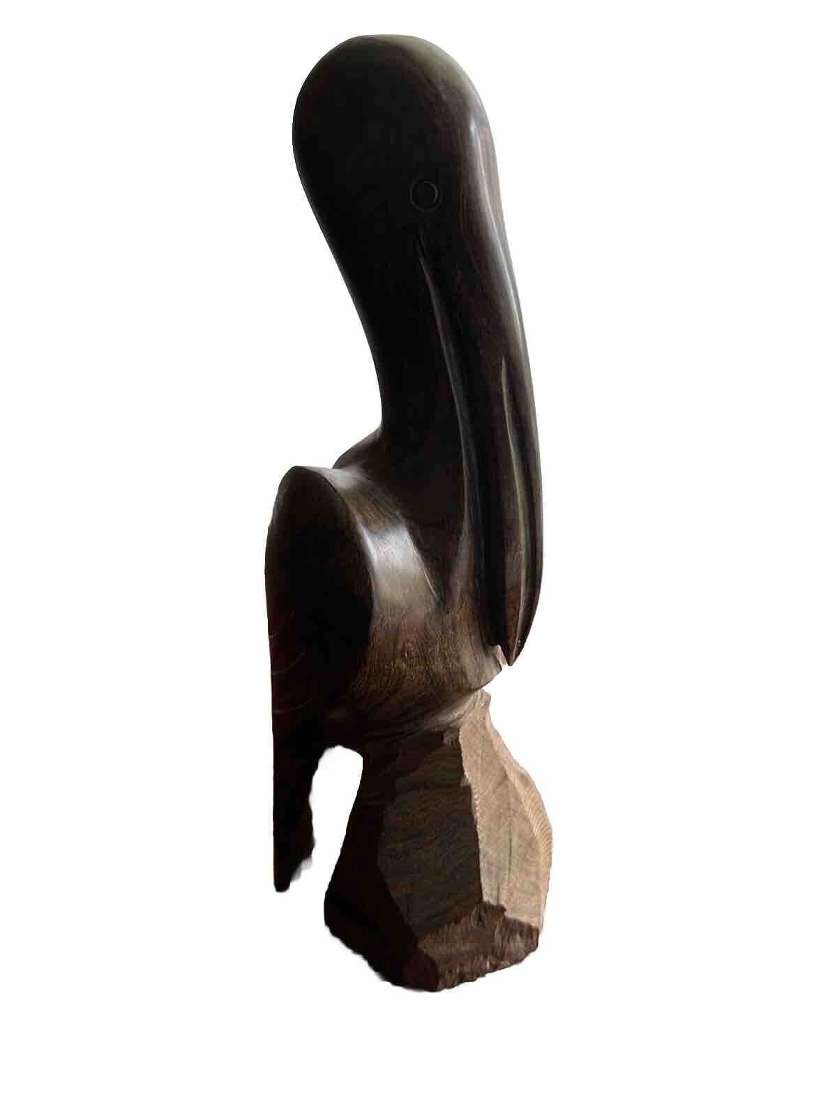 Vintage Iron Wood Hand Carved Folk Art Sculpture Pelican MCM Modernist