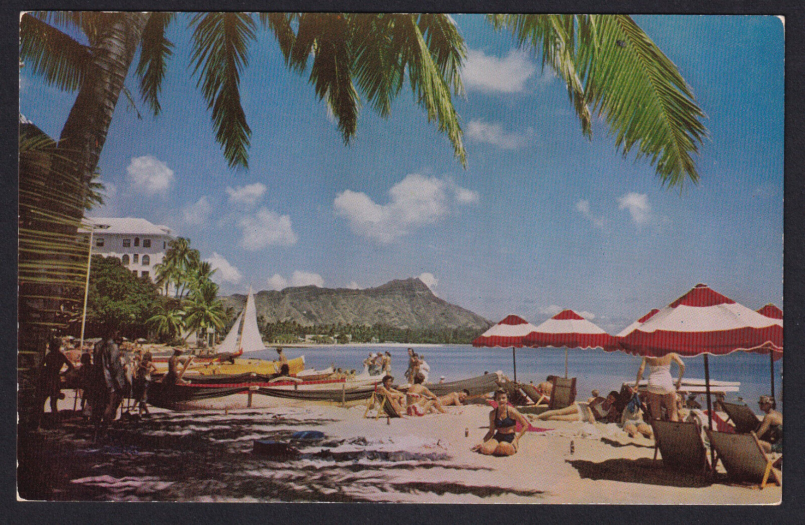 Hawaii-HI-Waikiki Beach-Diamond Head-People-Umbrellas-Boats-Vintage Postcard