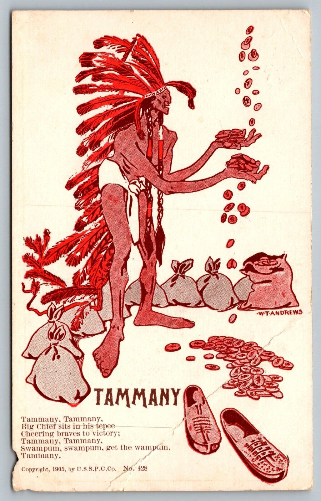 Postcard Tammany Big Chief Sits in His Tepee 1905 W.T. Andrews Coins Falling