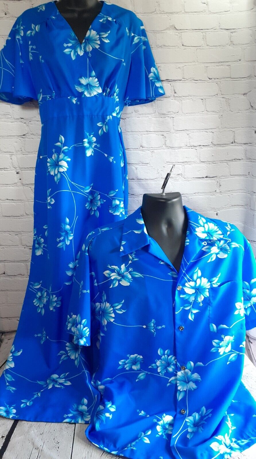 Royal Hawaiian Vintage Honeymoon Set Blue Floral Dress S(4-6)- Men’s Shirt XL