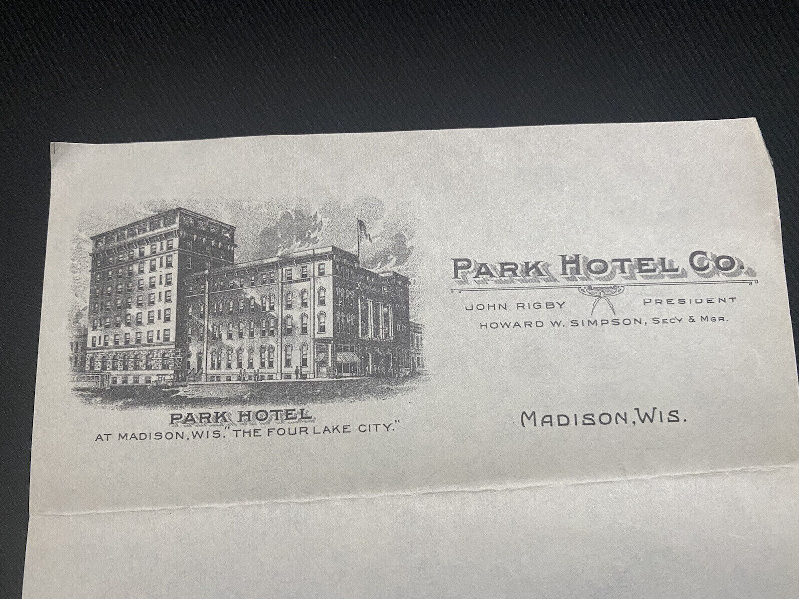 vtg 1930’s - 40’s Park hotel madison Wisconsin letterhead