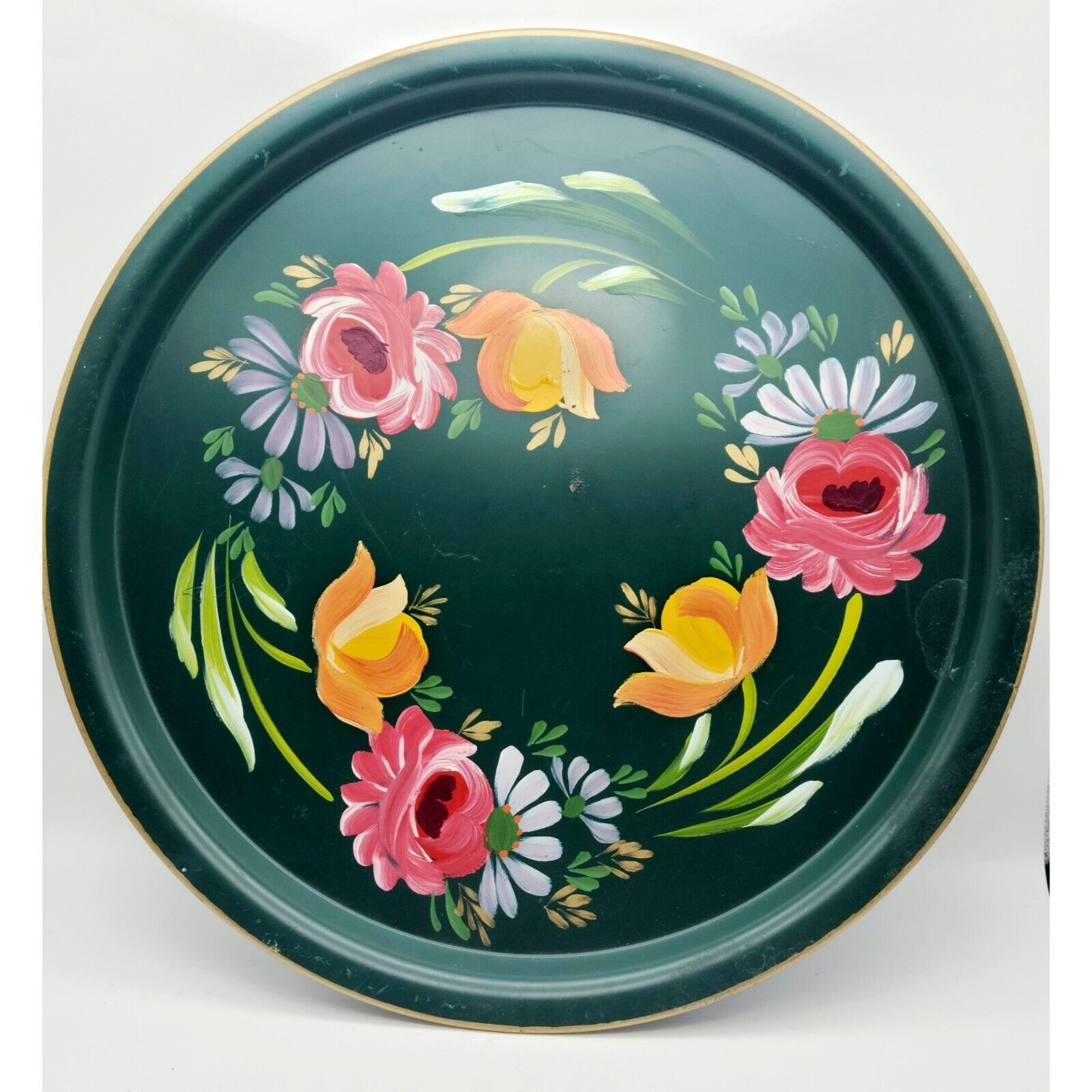 VTG Floral Tin Tray Hand Painted Green Ransburg Tole Platter Shabby Core 16\
