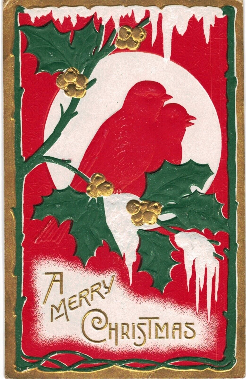 Christmas Bold Red White Green Highly Embossed Birds On Snowy Branch 1910 
