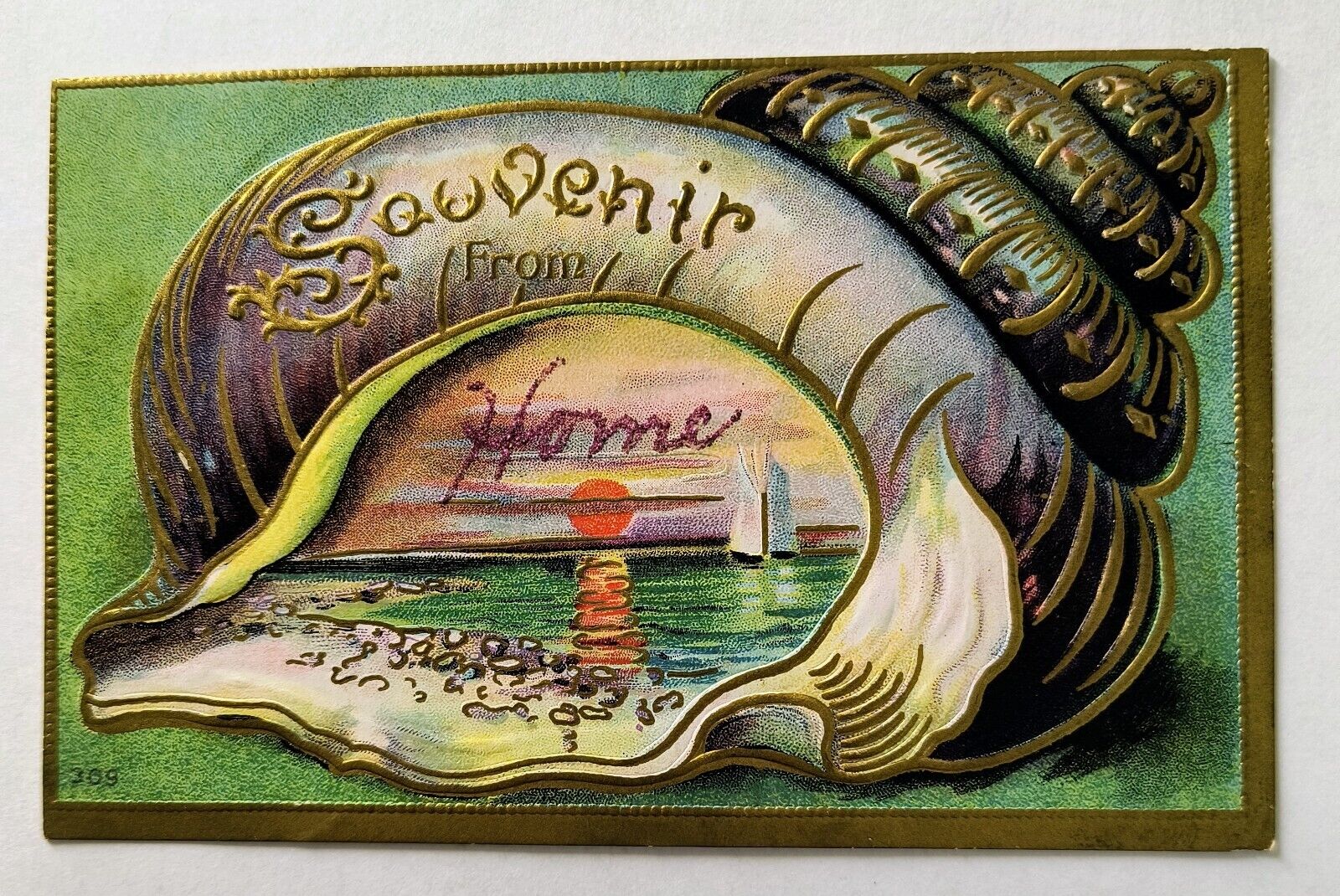 Seashell Sailboat Embossed Gold Gilt Vintage Postcard L4