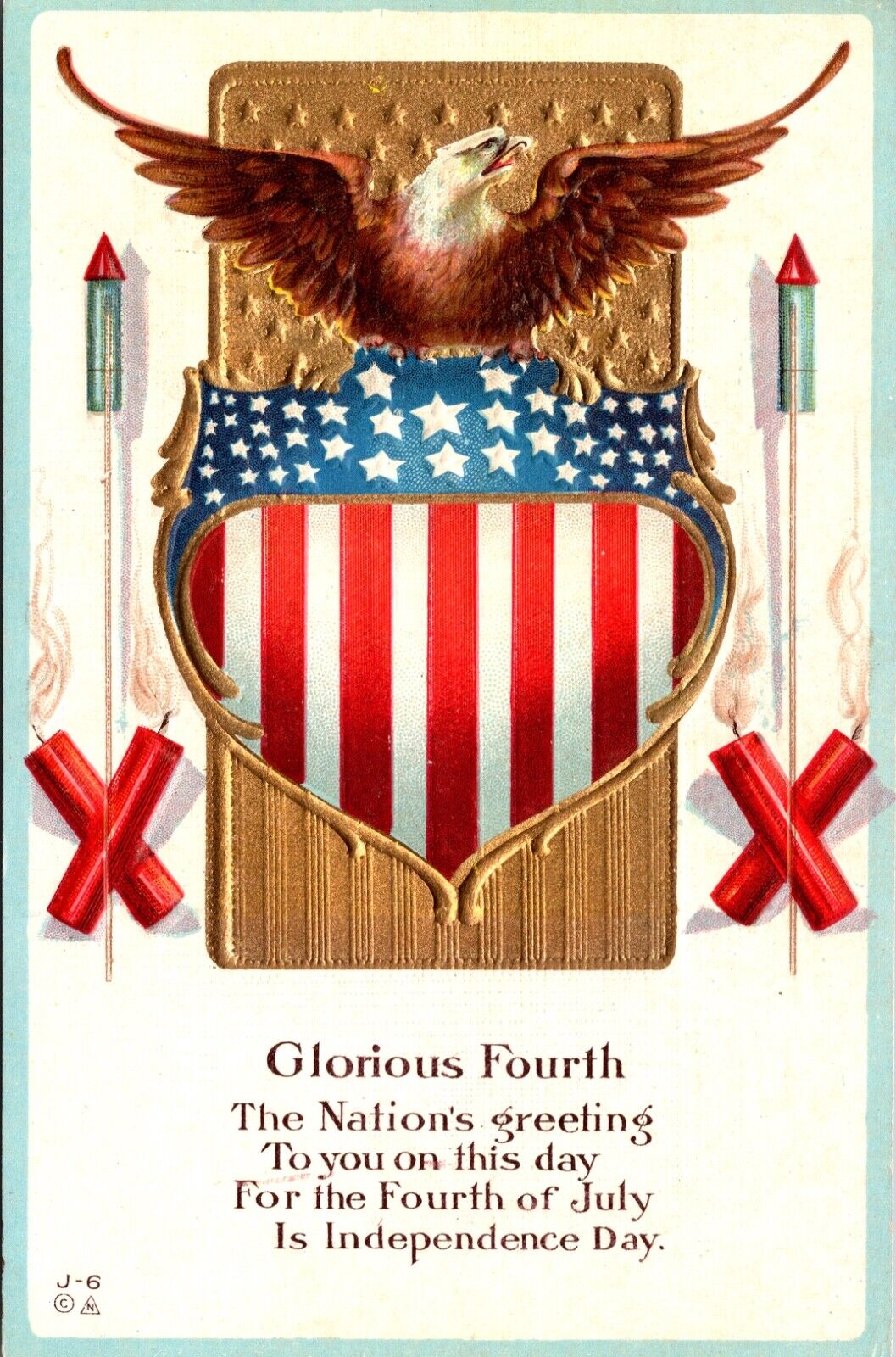 Fourth of July Postcard Fireworks Firecracker Eagle Patriotic Flag Shield