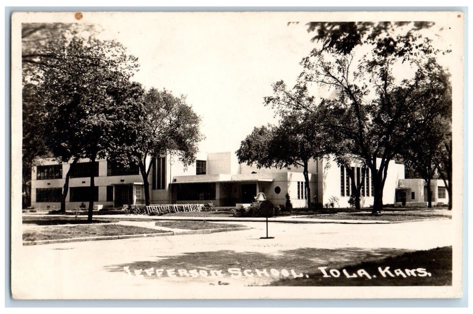Iola Kansas KS Postcard RPPC Photo Jefferson School Building Scene Street