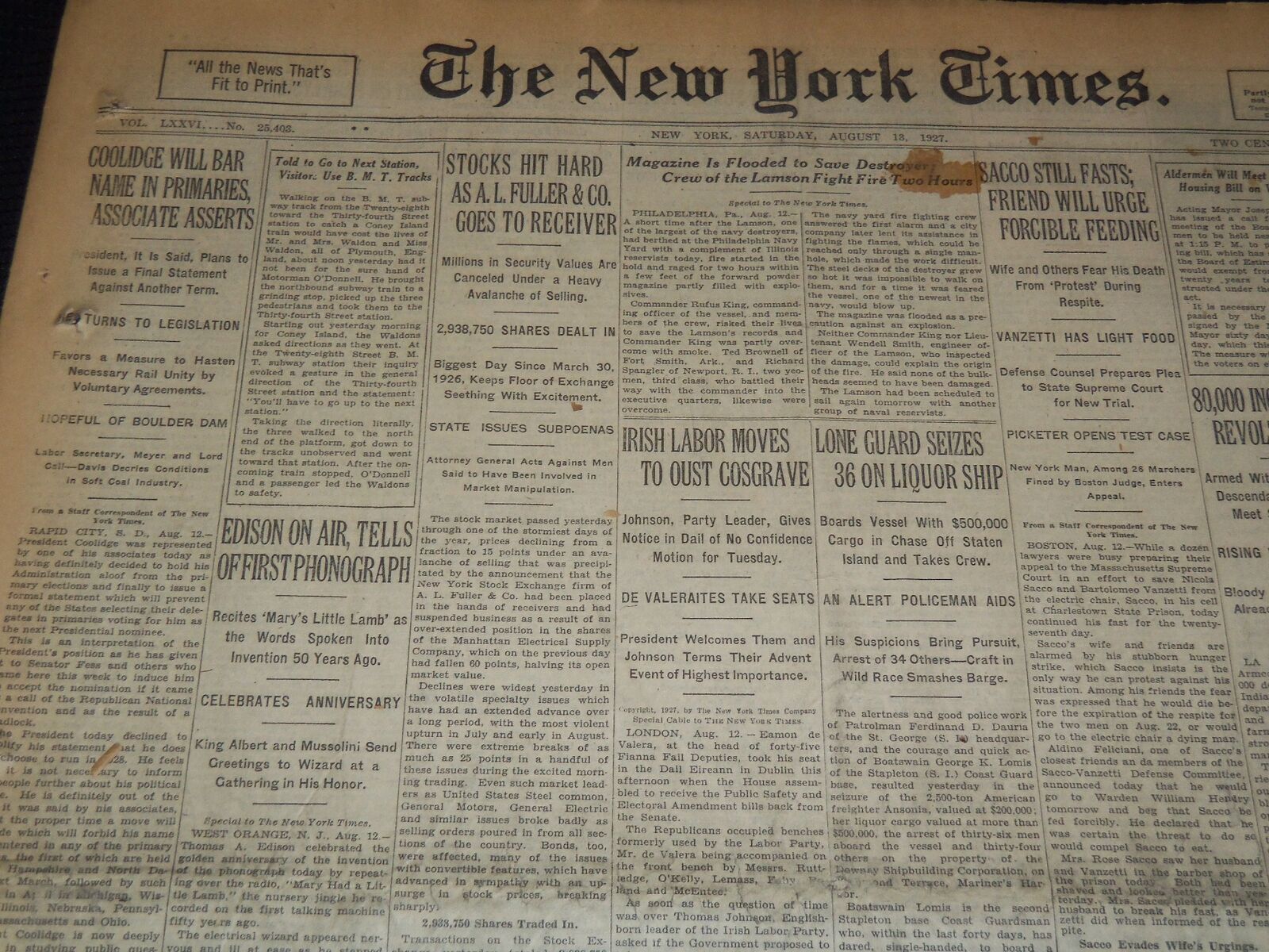 1927 AUGUST 13 NEW YORK TIMES - SACCO STILL FASTS EDISON ON AIR - NT 9566