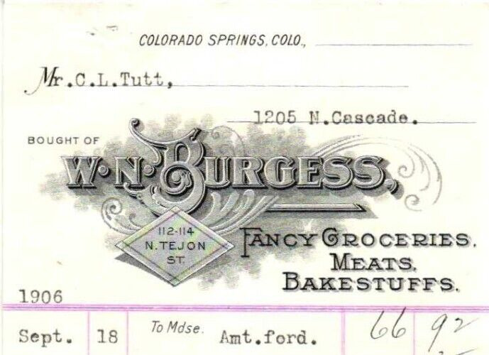 Vtg 1906 BILLHEAD*W N BURGESS*Groceries Meats Bakestuffs*Colorado Springs CO (D)