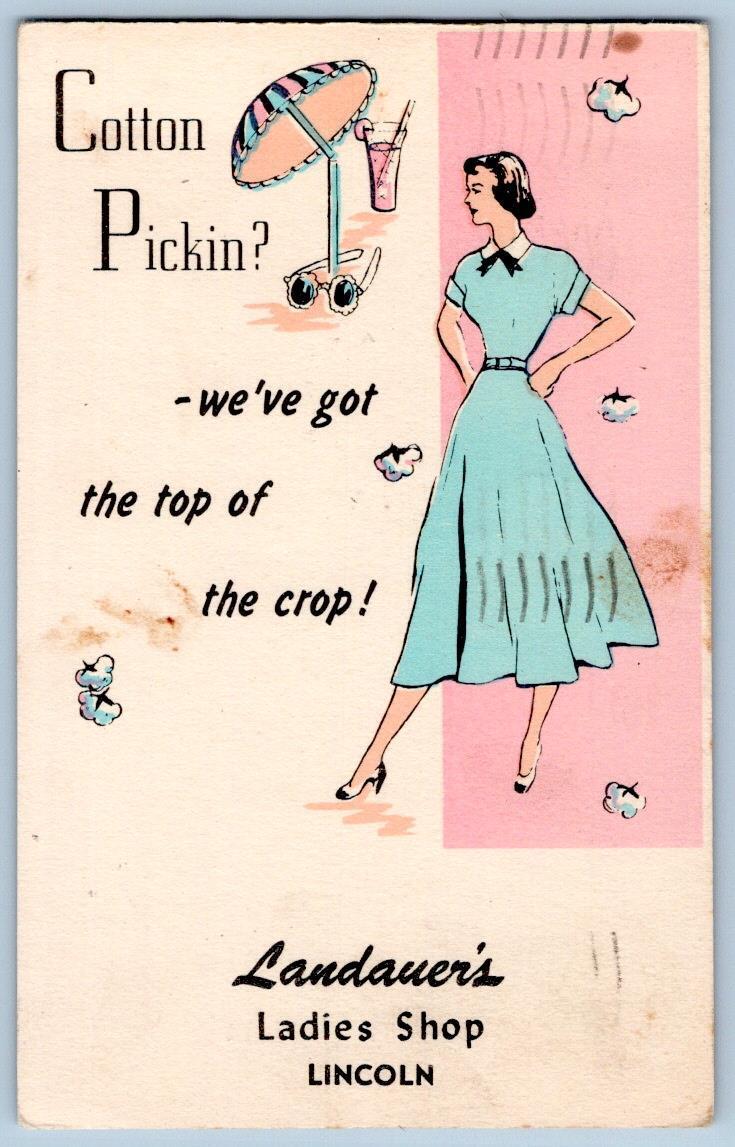 1948 LINCOLN IL LANDAUER'S LADIES SHOP COTTON PICKIN DRESS ADVERTISING POSTCARD