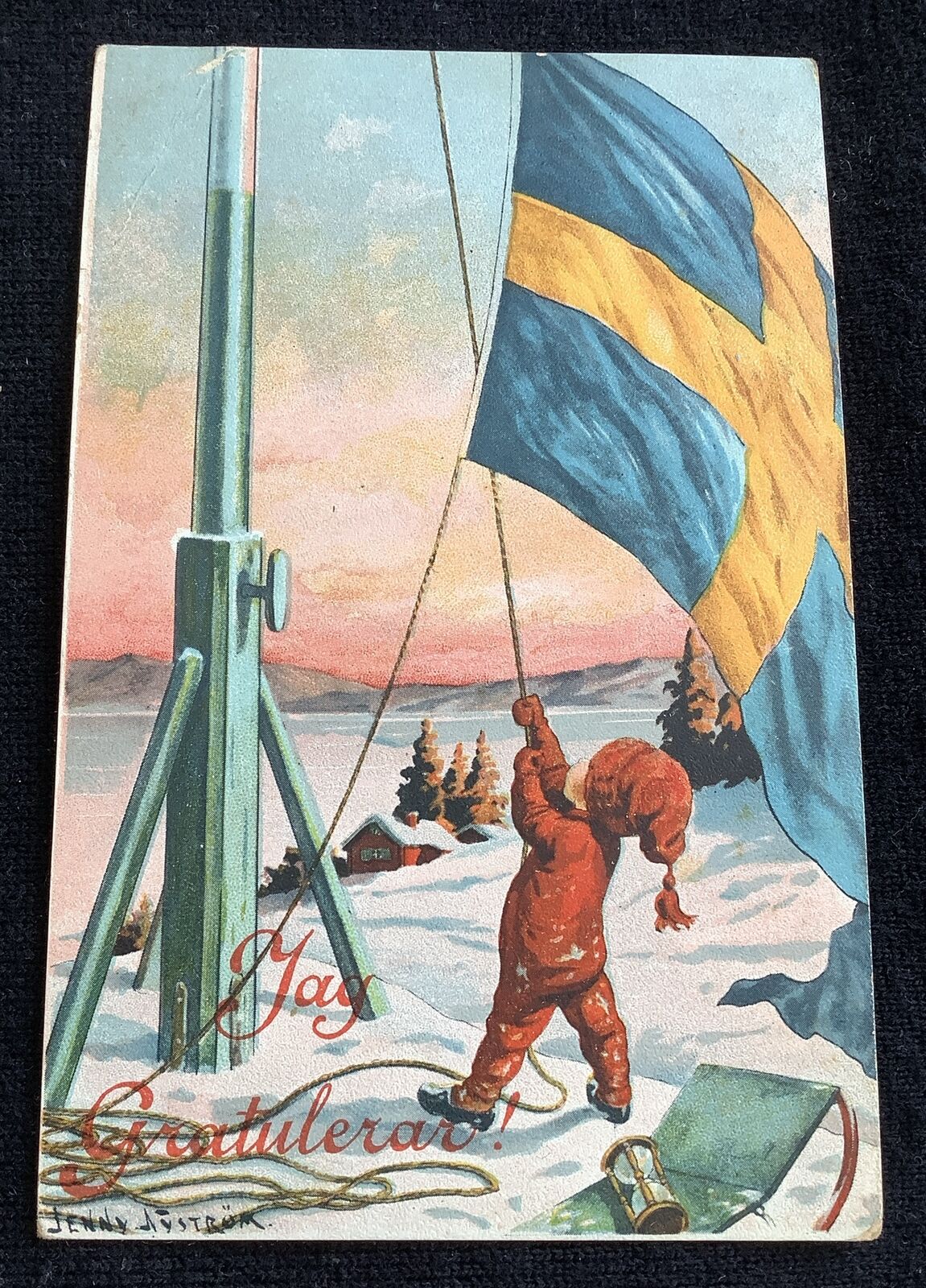 Vintage Jenny Nystrom Swedish Postcard little boy raising Flag Of Sweden
