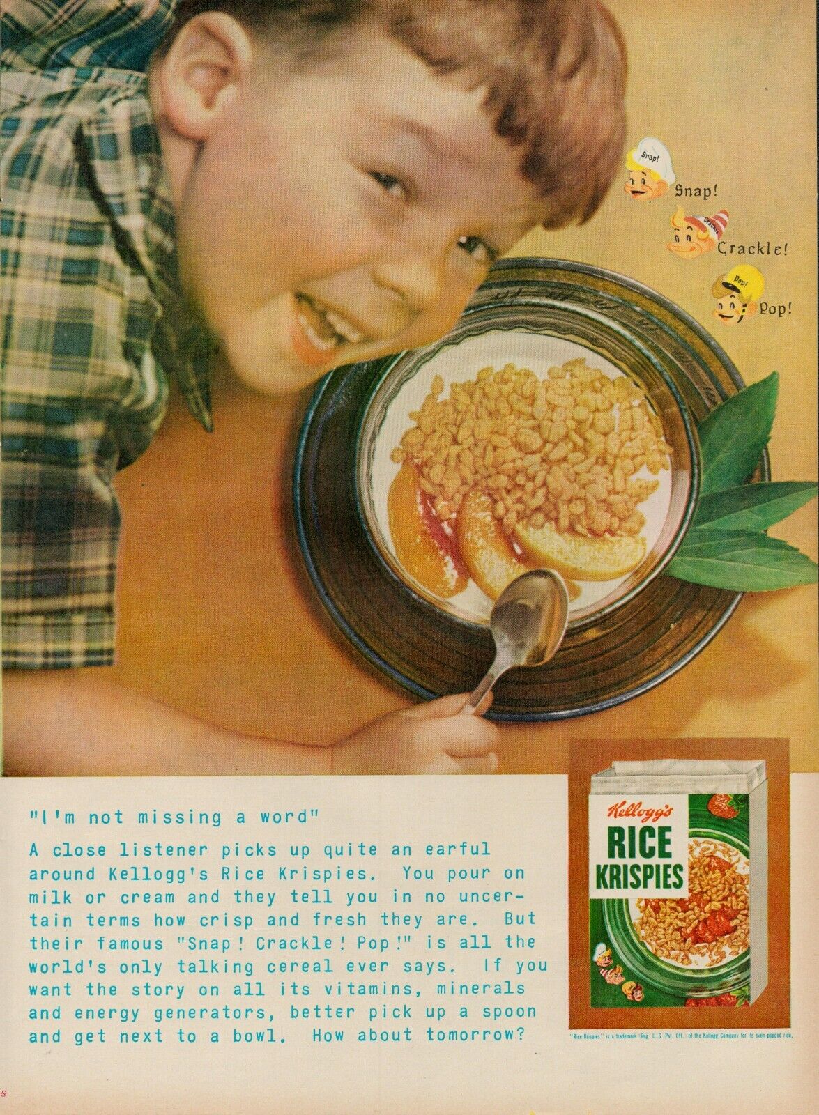 1955 Breakfast Cereal Rice Krispies Vintage Print Ad 50s Snap Crackle Pop Peach