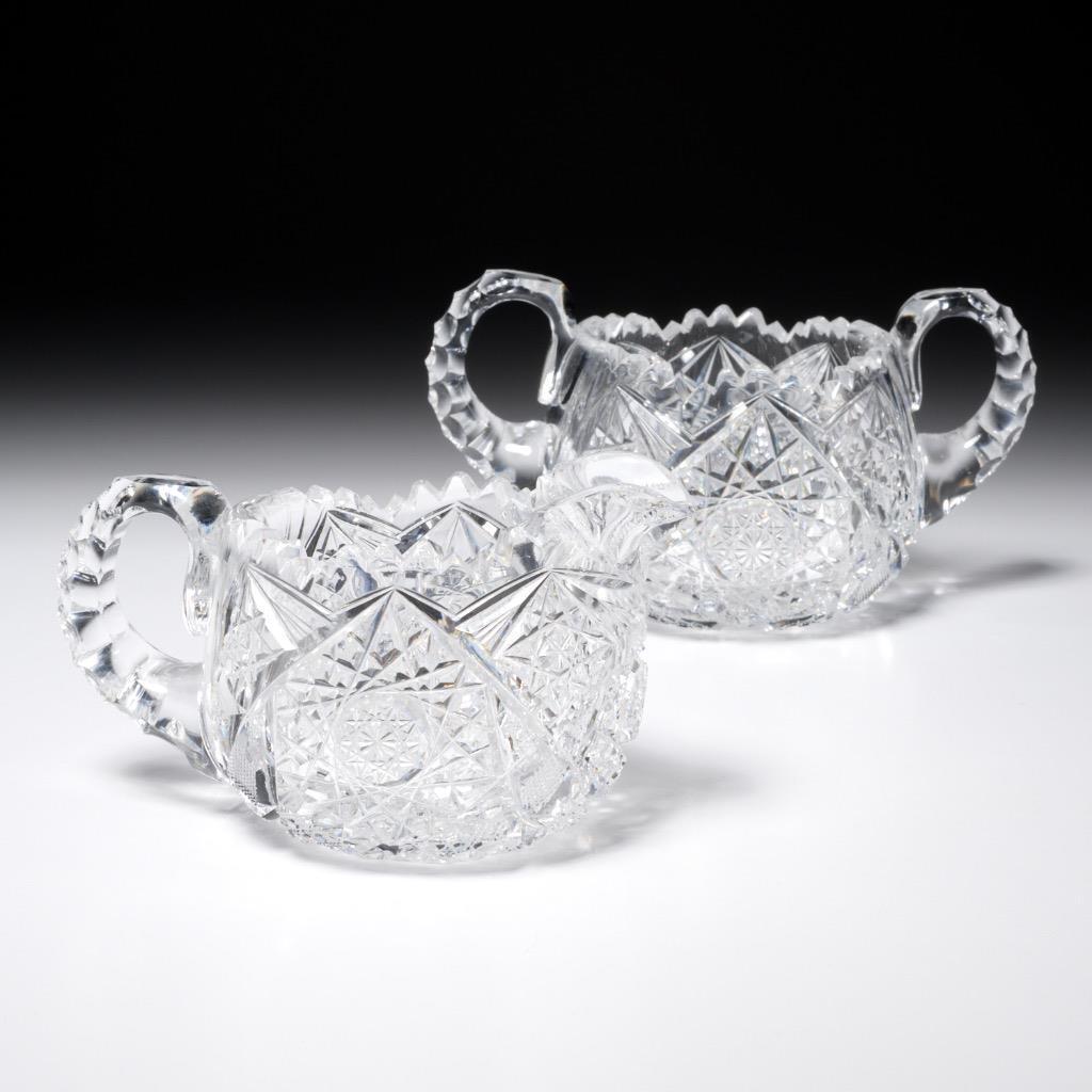 American Brilliant Period ABP Style Cut Crystal Glass Creamer Sugar Bowl Set