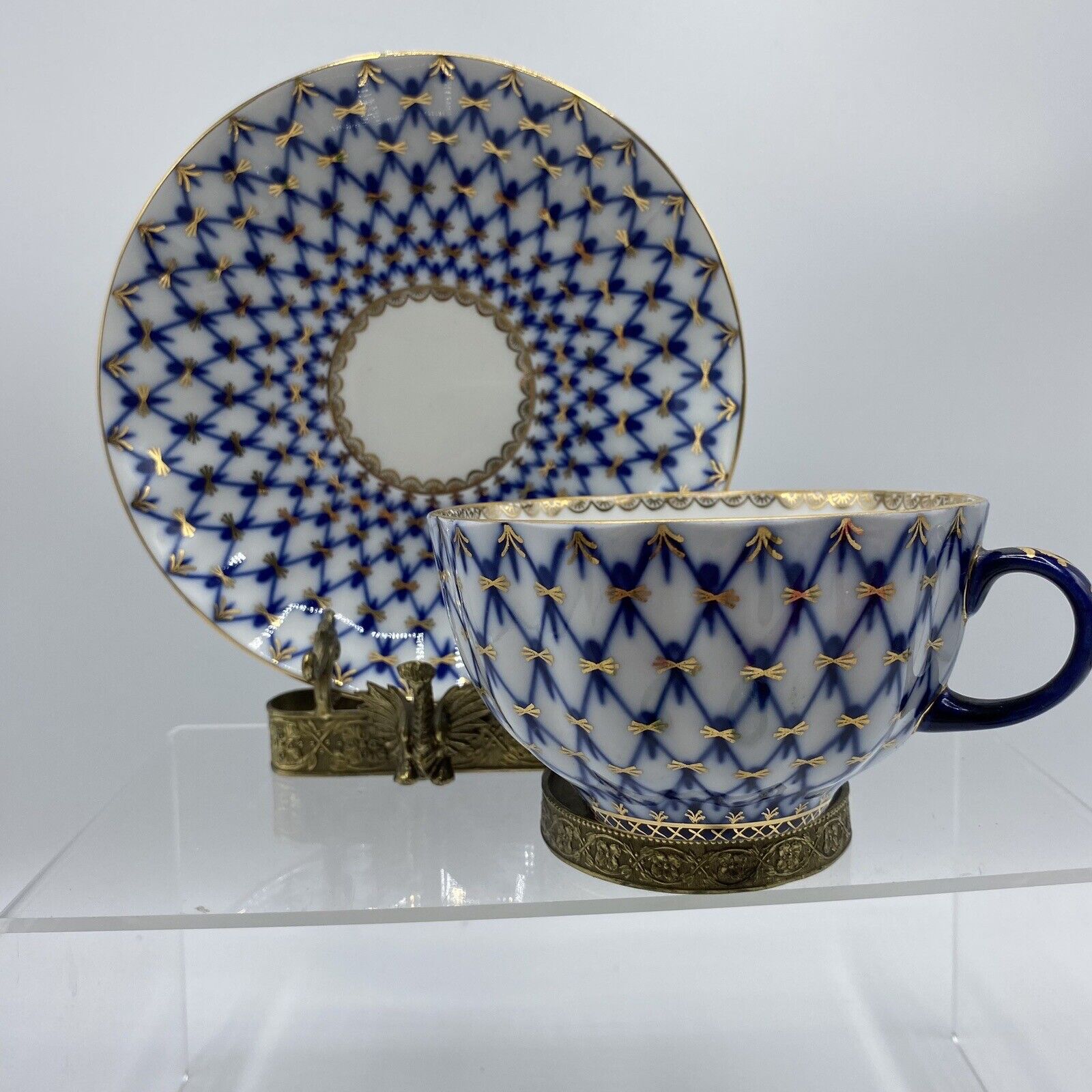 Vtg. Lomonosov Russian Fine Porcelain Teacup & Saucer Cobalt Blue Gold Net USSR