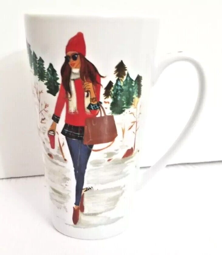 Rongrong Ceramic Coffee or Tea Mug, Chic Winter Girl on Front. Tall.
